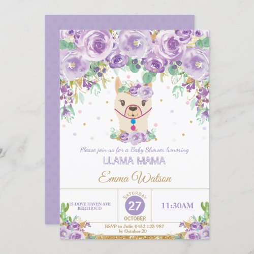 Purple Floral Cute Llama Mama Baby Shower Girl Invitation