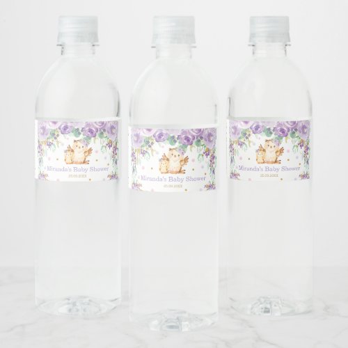 Purple Floral Cute Owl Baby Shower Baby Girl Water Bottle Label