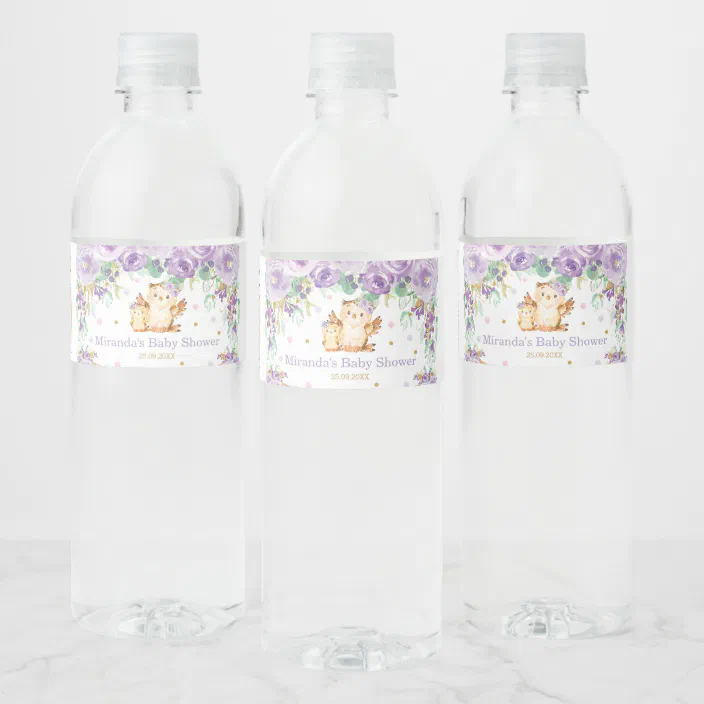 Purple Floral Cute Owl Baby Shower Baby Girl Water Bottle Label | Zazzle.com