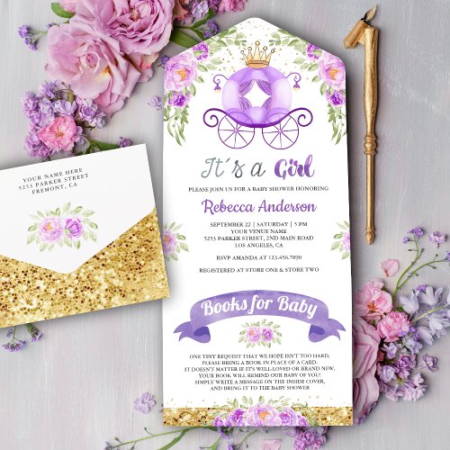 Purple Floral Cute Princess Carriage Baby Shower All In One Invitation