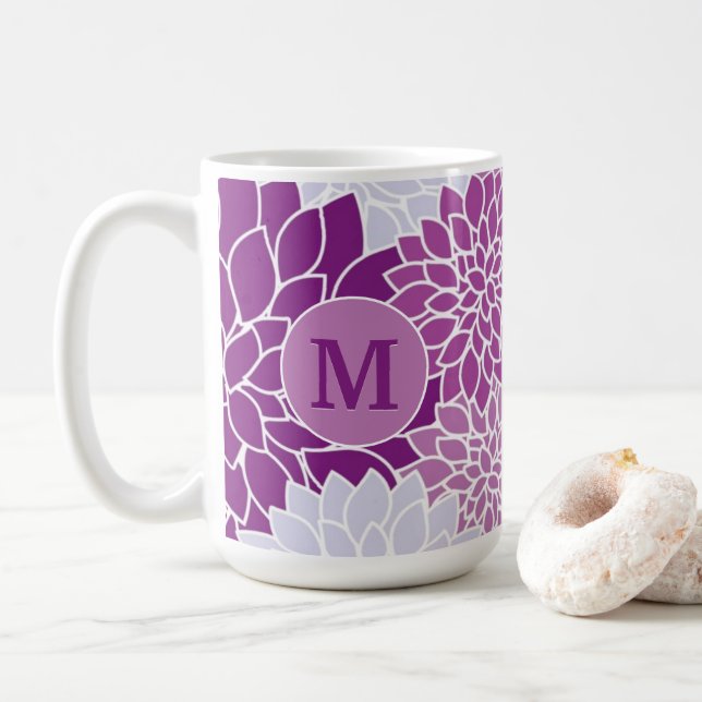 Purple  Floral Dahlia Pattern Monogrammed Initial Coffee Mug (With Donut)