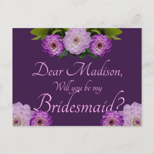 Purple Floral Dahlia Will You Be My Bridesmaid? Invitation Postcard