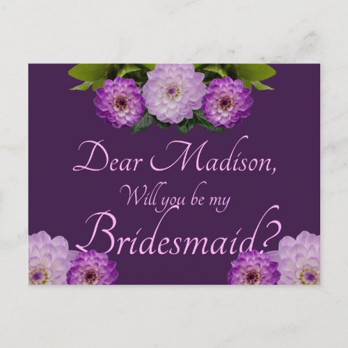 Purple Floral Dahlia Will You Be My Bridesmaid Invitation Postcard