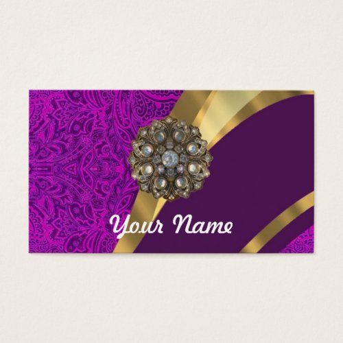 Purple floral damask  gold swirl business cards