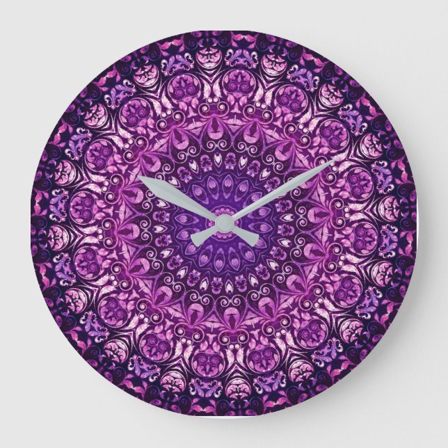 Purple Floral Damask Pattern  Large Clock (Front)