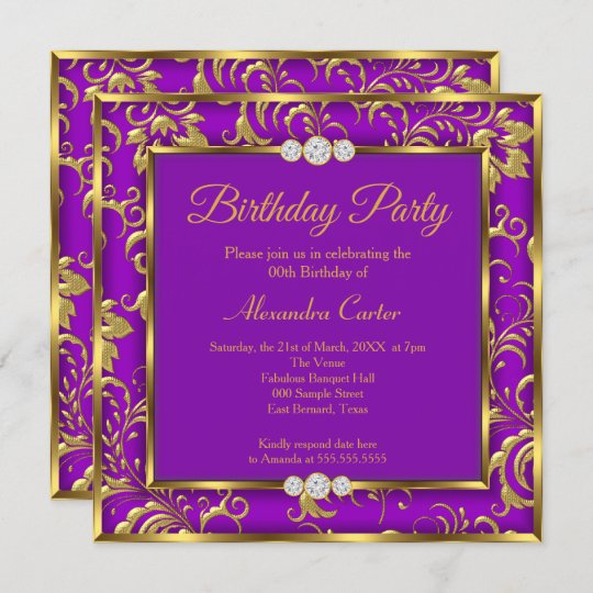 Purple Floral Damask Photo Gold birthday Party Invitation | Zazzle.com