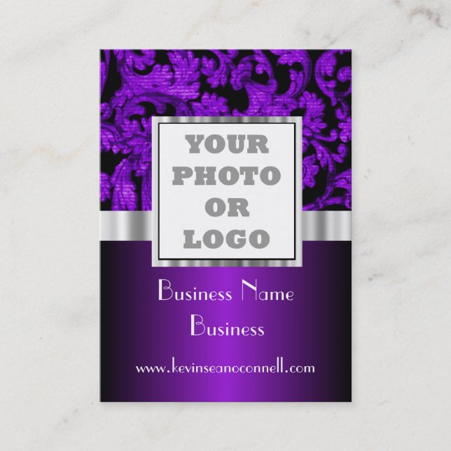 Purple floral damask photo logo business card (Front)