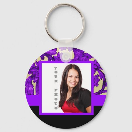 Purple Floral Damask Photo Template Keychain