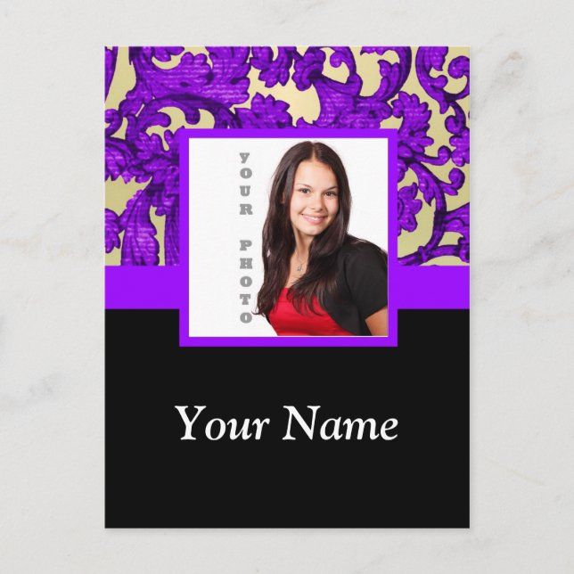 Purple floral damask photo template postcard (Front)
