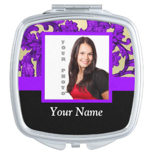 Purple floral damask photo template vanity mirror