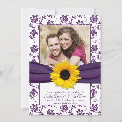 Purple White Floral Damask Save the Date Invite