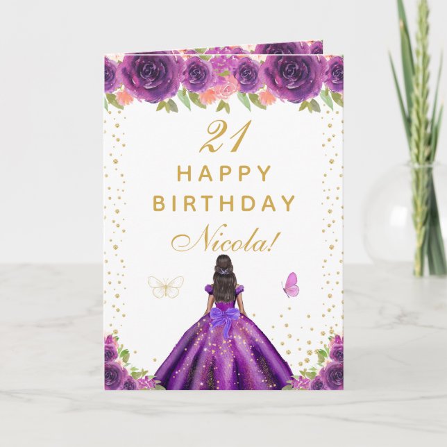 Purple Floral Dark Skin Girl Birthday Card (Front)