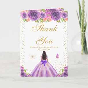 Purple Floral Dark Skin Girl Birthday Letterpress Thank You Card