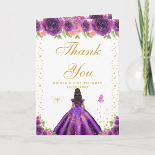 Purple Floral Dark Skin Girl Birthday Letterpress Thank You Card
