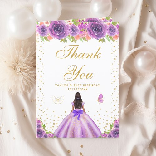 Purple Floral Dark Skin Girl Birthday Party Thank You Card