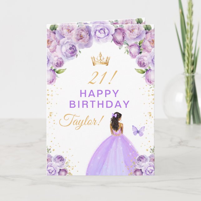 Purple Floral Dark Skin Girl Happy Birthday Card (Front)