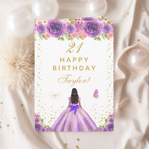 Purple Floral Dark Skin Girl Happy Birthday Card