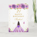 Purple Floral Dark Skin Girl Happy Birthday Card<br><div class="desc">This elegant and glamorous birthday card can be personalized with a name or title such as daughter, granddaughter, niece, friend etc. The design features a beautiful princess with dark hair and dark skin in a purple ball gown. The text combines handwritten script and modern sans serif fonts for a classy...</div>