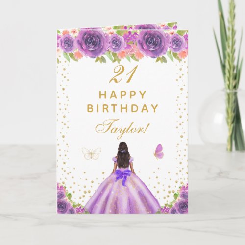 Purple Floral Dark Skin Girl Happy Birthday Card