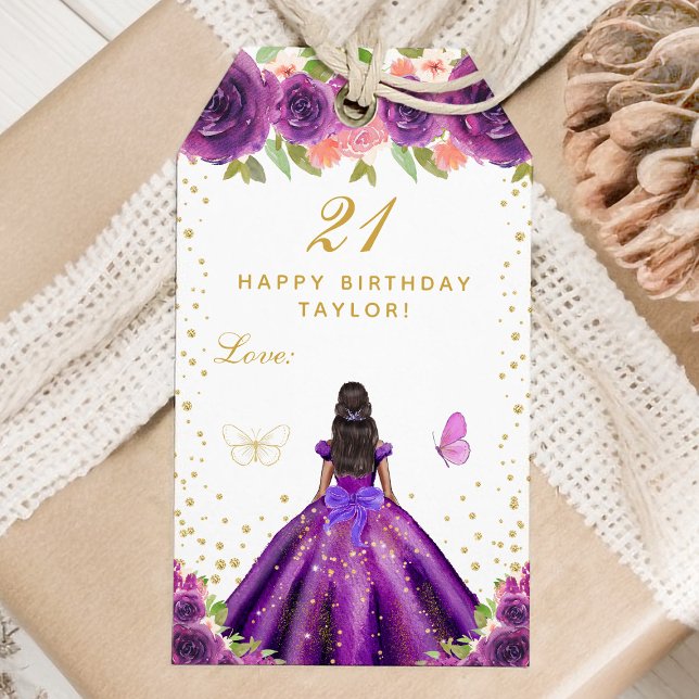 Purple Floral Dark Skin Girl Happy Birthday Gift Tags (Creator Uploaded)