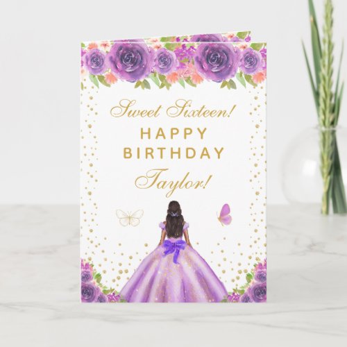 Purple Floral Dark Skin Girl Sweet Sixteen Card