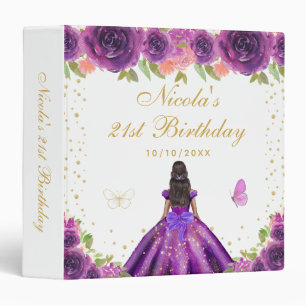 Purple Floral Dark Skin Princess Birthday Party 3 Ring Binder