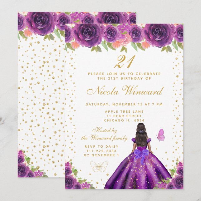 Purple Floral Dark Skin Princess Birthday Party Invitation (Front/Back)