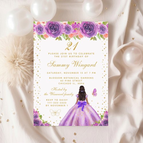 Purple Floral Dark Skin Princess Birthday Party Invitation