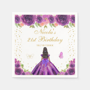 Purple Floral Dark Skin Princess Birthday Party Napkins
