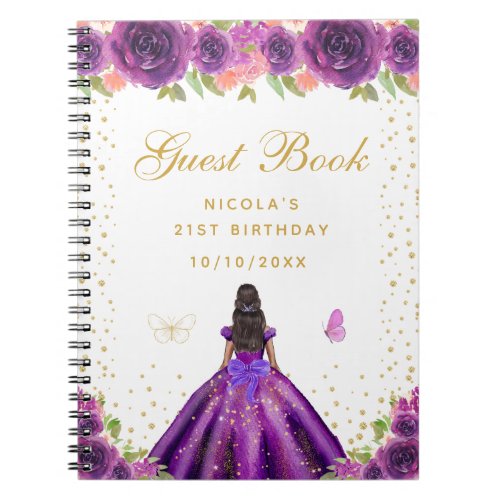 Purple Floral Dark Skin Princess Birthday Party Notebook