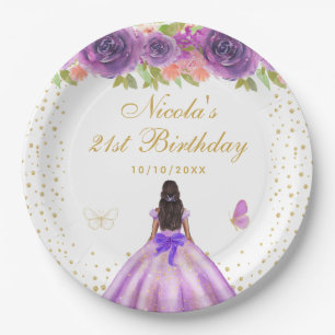 Purple Floral Dark Skin Princess Birthday Party Paper Plates