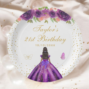 Purple Floral Dark Skin Princess Birthday Party Paper Plates