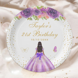 Purple Floral Dark Skin Princess Birthday Party Paper Plates