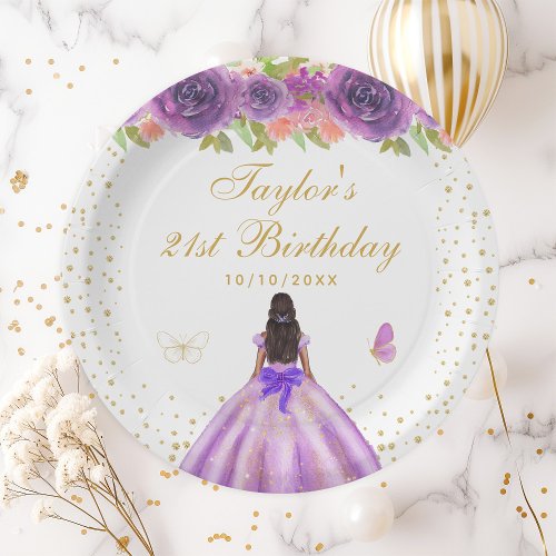 Purple Floral Dark Skin Princess Birthday Party Paper Plates