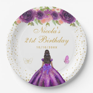 Purple Floral Dark Skin Princess Birthday Party Paper Plates