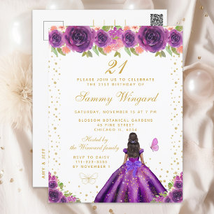 Purple Floral Dark Skin Princess Birthday Party Postcard