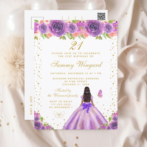 Purple Floral Dark Skin Princess Birthday Party Postcard