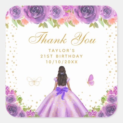 Purple Floral Dark Skin Princess Birthday Party Square Sticker
