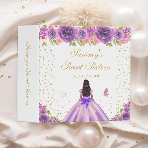 Purple Floral Dark Skin Princess Sweet Sixteen 3 Ring Binder