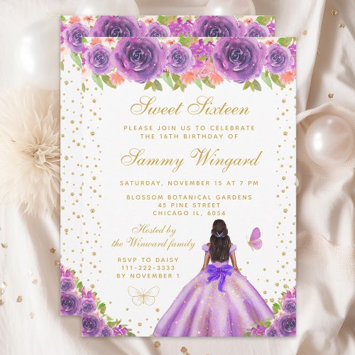 Purple Floral Dark Skin Princess Sweet Sixteen Invitation