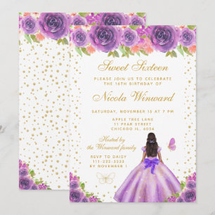 Purple Floral Dark Skin Princess Sweet Sixteen Invitation