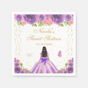 Purple Floral Dark Skin Princess Sweet Sixteen Napkins