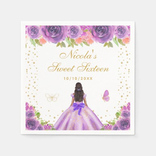 Purple Floral Dark Skin Princess Sweet Sixteen Napkins