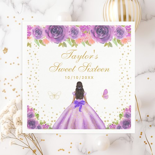 Purple Floral Dark Skin Princess Sweet Sixteen Napkins