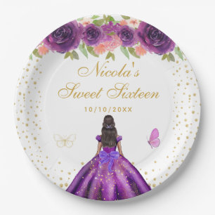 Purple Floral Dark Skin Princess Sweet Sixteen Paper Plates