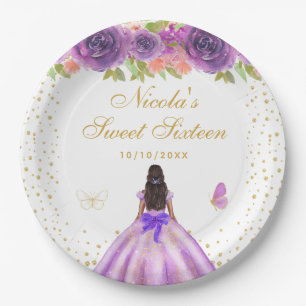 Purple Floral Dark Skin Princess Sweet Sixteen Paper Plates