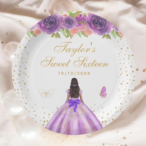 Purple Floral Dark Skin Princess Sweet Sixteen Paper Plates