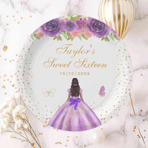 Purple Floral Dark Skin Princess Sweet Sixteen Paper Plates