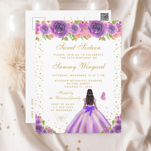 Purple Floral Dark Skin Princess Sweet Sixteen Postcard