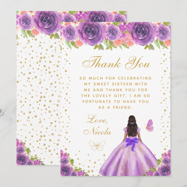 Purple Floral Dark Skin Princess Sweet Sixteen Thank You Card (Front/Back)